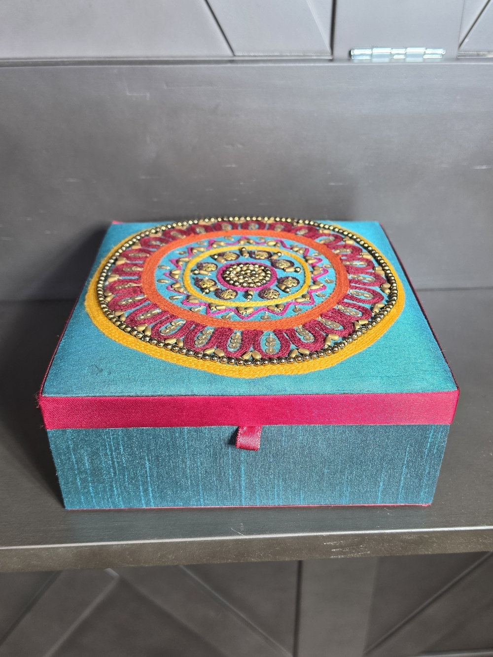 Jewelry Box With Mirror Beaded Fabric Covered Handmade In India Teal & Pink